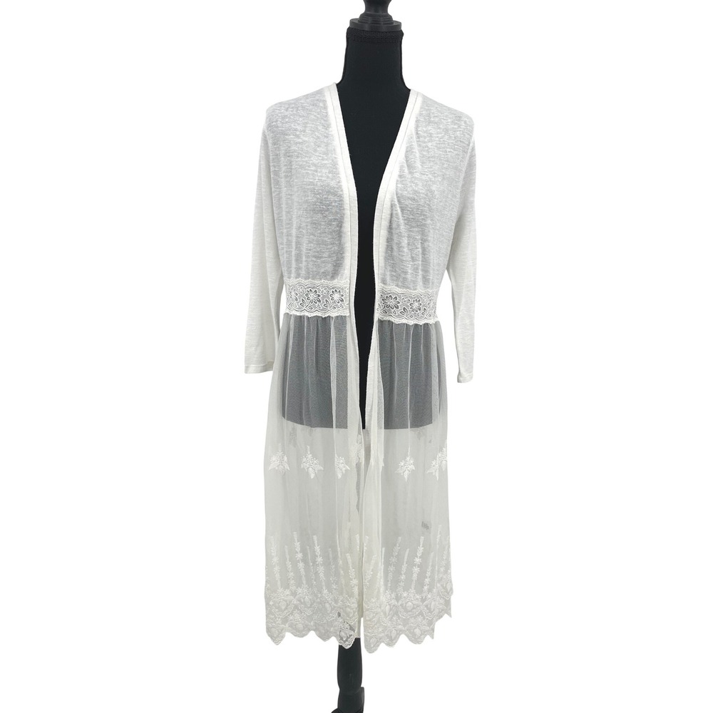 Almost Famous Cardigan Women L White‎ Rayon Lace Mesh Long Duster Boho Festival